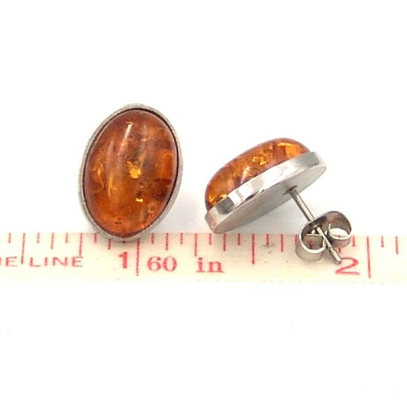 Cognac Amber Stud Earrings Surgical Steel Hypoallergenic Bezel Set Sensitive Ear - Picture 5 of 6